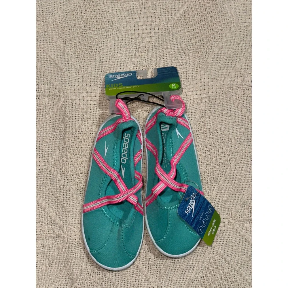 Speedo Kids Mary‎ Jane Aqua Water Shoes Medium M Turquoise Pink Beach M-7/8